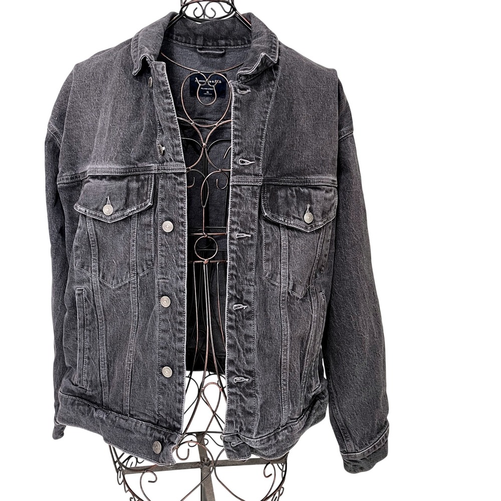 Abercrombie & Fitch‎ Relaxed Denim Trucker Jacket Washed Grey Black XL Stretch
